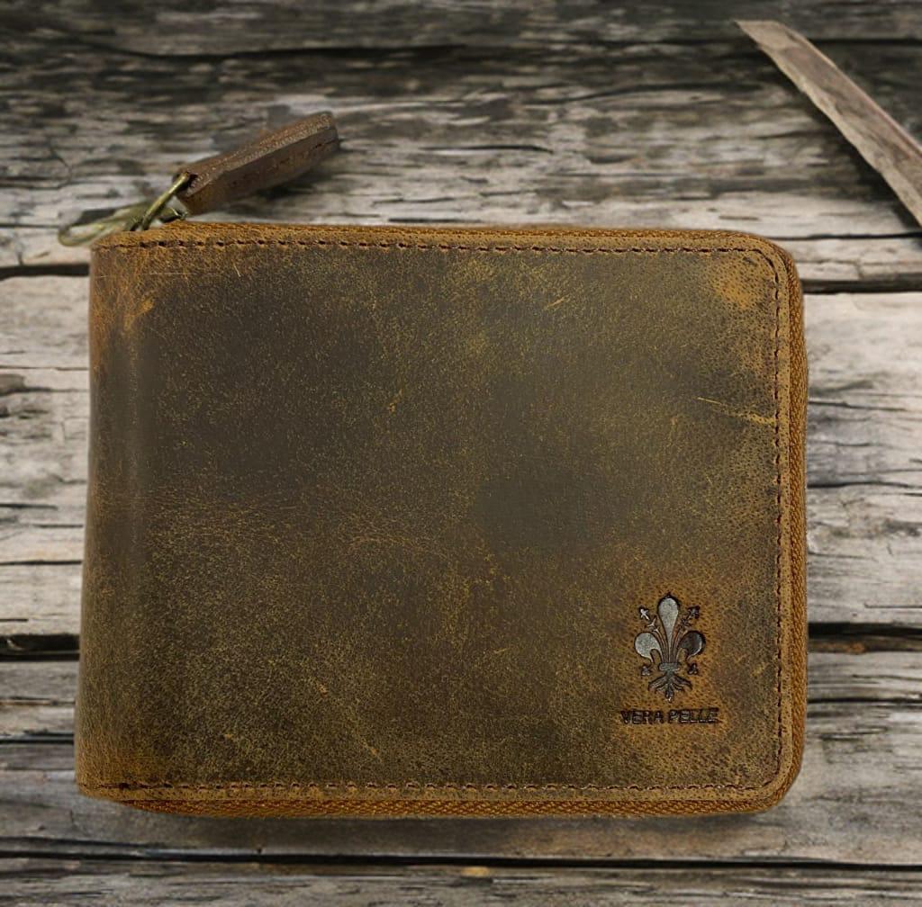 Round zipper wallet made of genuine hunter leather
