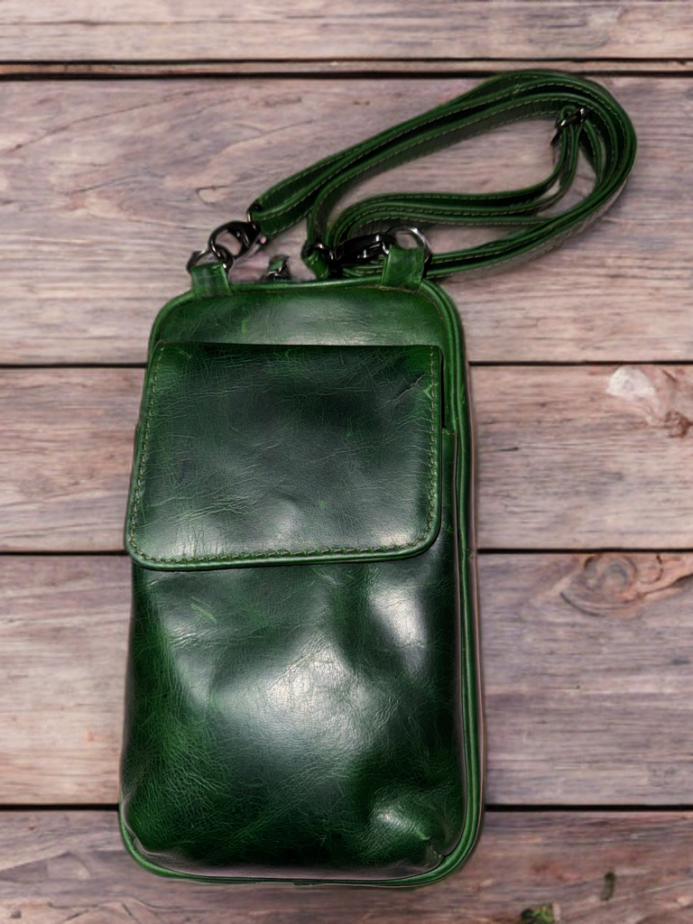 Cellphone sling bag made of genuine oily hunter leather with compartment