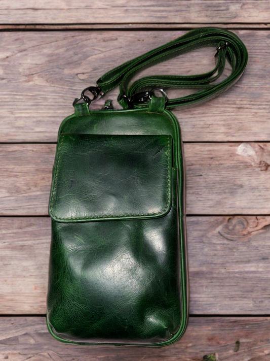 Cellphone sling bag made of genuine oily hunter leather with compartment
