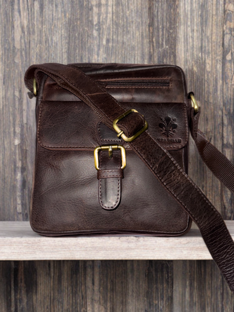 Crossbody messenger made of genuine Hunter oil pulled up cow hide
